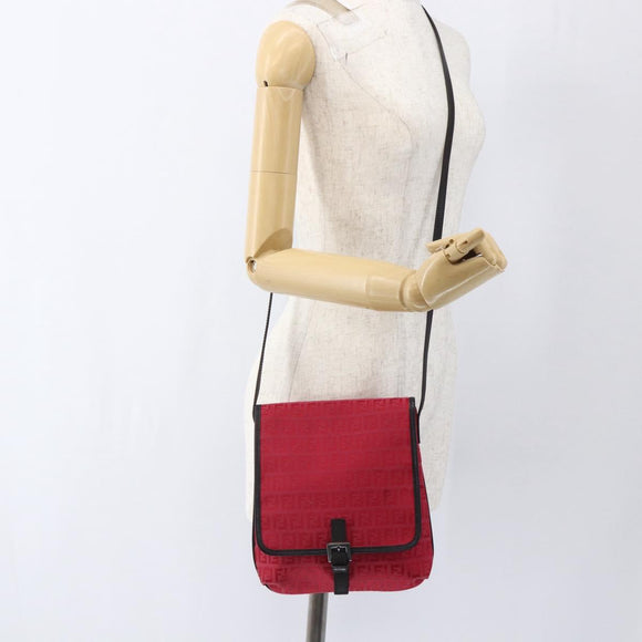 FENDI Zucchino Canvas Shoulder Bag Red Silver Auth 170824