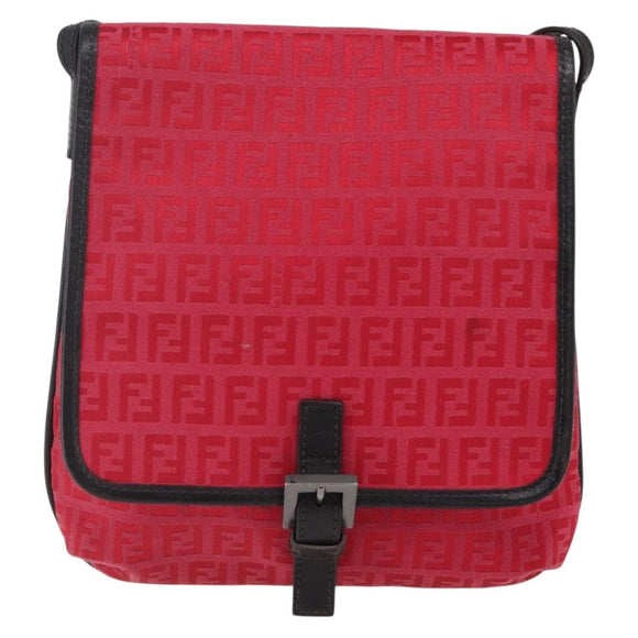 FENDI Zucchino Canvas Shoulder Bag Red Silver Auth 170824