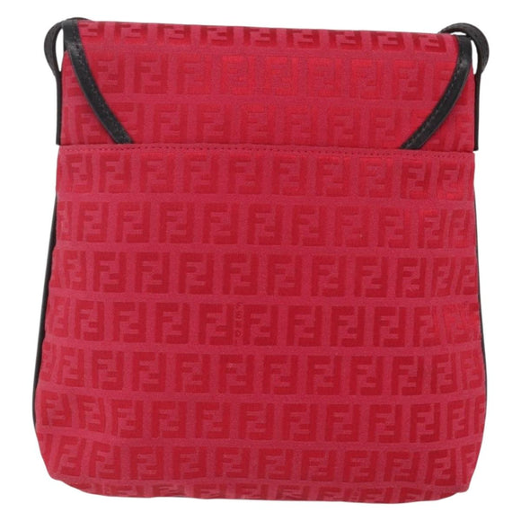 FENDI Zucchino Canvas Shoulder Bag Red Silver Auth 170824