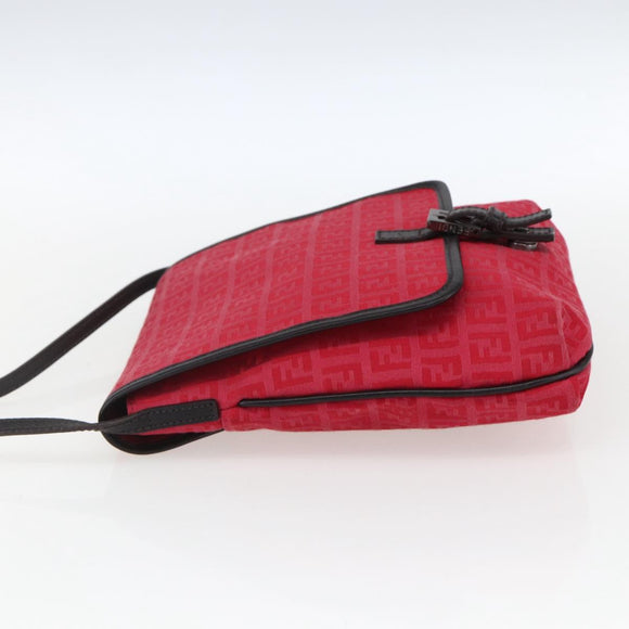 FENDI Zucchino Canvas Shoulder Bag Red Silver Auth 170824