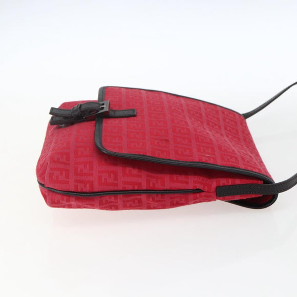 FENDI Zucchino Canvas Shoulder Bag Red Silver Auth 170824