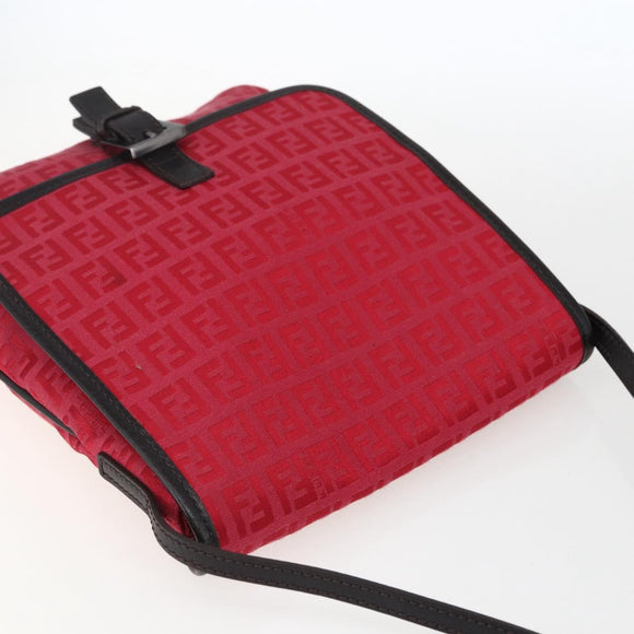 FENDI Zucchino Canvas Shoulder Bag Red Silver Auth 170824