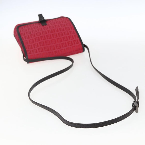 FENDI Zucchino Canvas Shoulder Bag Red Silver Auth 170824