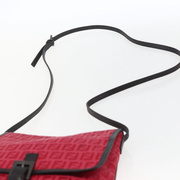FENDI Zucchino Canvas Shoulder Bag Red Silver Auth 170824