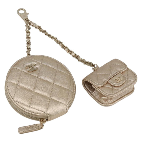 CHANEL Matelasse Coin Purse & AirPods Case Pouch Leather Gold CC Auth 170846SM
