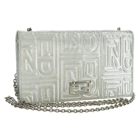 FENDI Chain Wallet Shoulder Bag Leather Silver Auth 170855V
