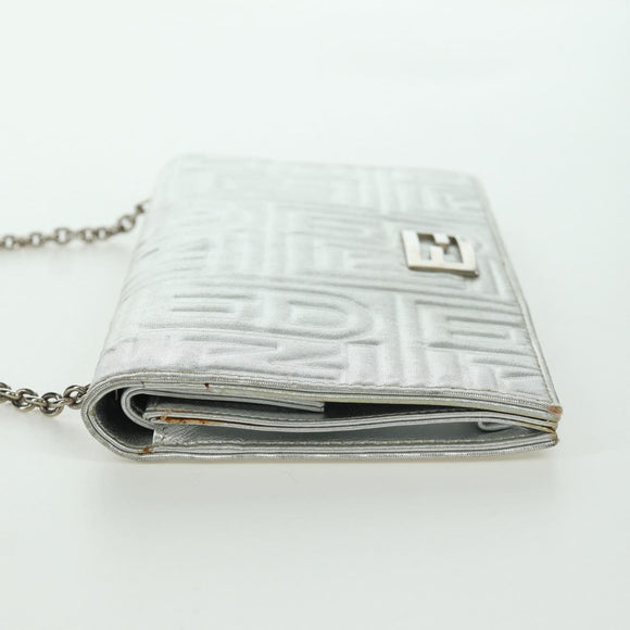 FENDI Chain Wallet Shoulder Bag Leather Silver Auth 170855V