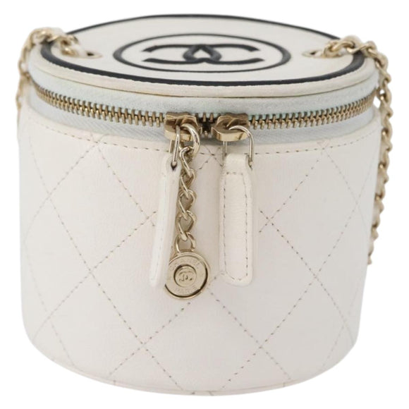 CHANEL Matelasse Chain Shoulder Bag Lamb Skin White Gold CC Auth 170857M