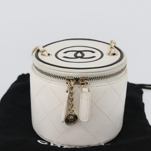 CHANEL Matelasse Chain Shoulder Bag Lamb Skin White Gold CC Auth 170857M