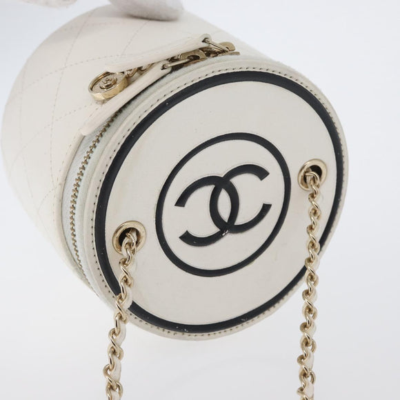 CHANEL Matelasse Chain Shoulder Bag Lamb Skin White Gold CC Auth 170857M