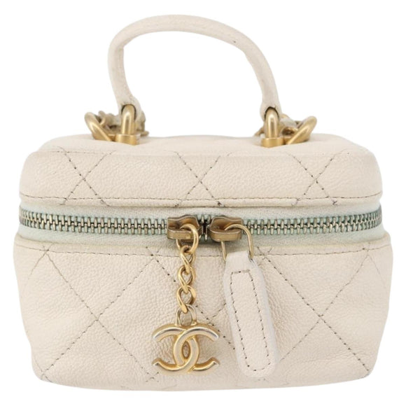 CHANEL Matelasse Vanity Chain Bag Caviar Skin White Gold CC Auth 170858A