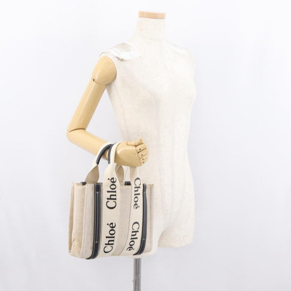 Chloe Woody Small Hand Bag Canvas Beige Auth 170882