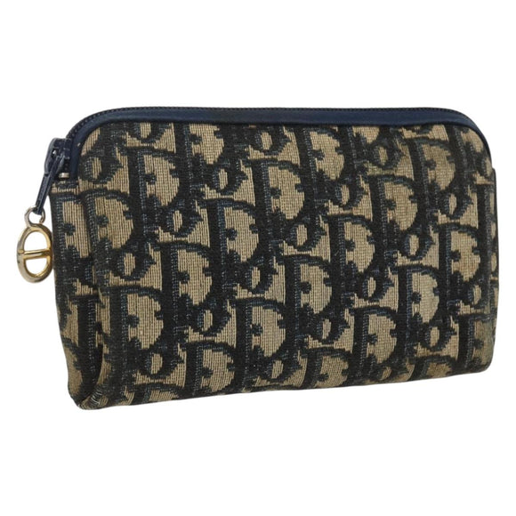 Christian Dior Trotter Canvas Pouch Navy Gold Auth 170885