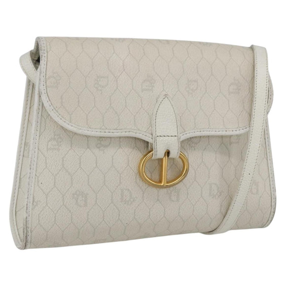 Christian Dior Honeycomb Canvas Shoulder Bag PVC White Gold Auth 170899