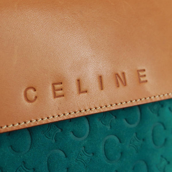 CELINE C Macadam Canvas Handtas Suède Turquoise Blauw Zilver Auth 170908V