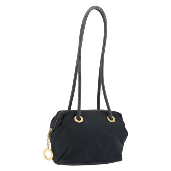 CELINE Circle Shoulder Bag Nylon Leather Black Gold Auth 170915