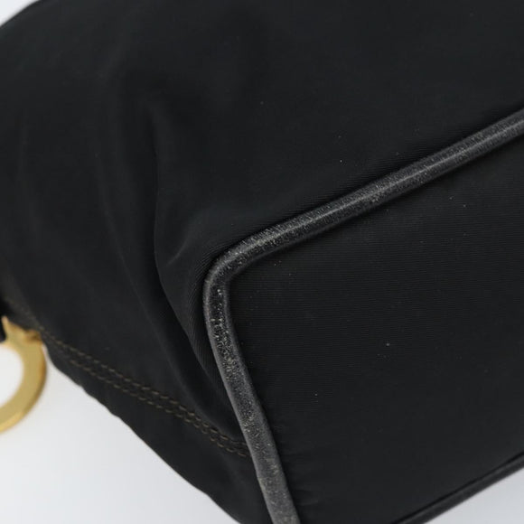 CELINE Circle Shoulder Bag Nylon Leather Black Gold Auth 170915