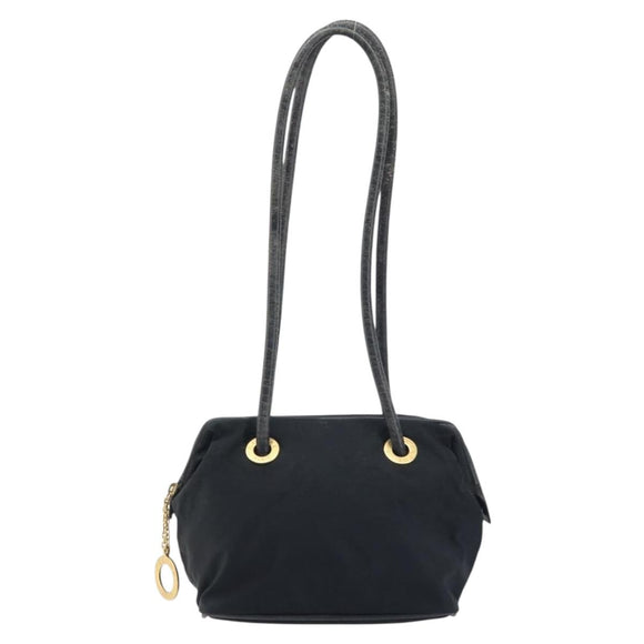 CELINE Circle Shoulder Bag Nylon Leather Black Gold Auth 170915
