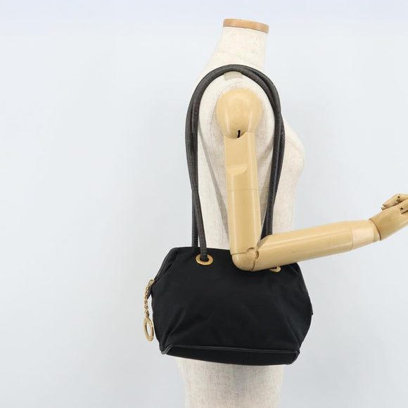 CELINE Circle Shoulder Bag Nylon Leather Black Gold Auth 170915