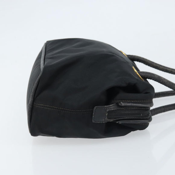 CELINE Circle Shoulder Bag Nylon Leather Black Gold Auth 170915