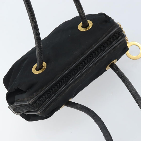 CELINE Circle Shoulder Bag Nylon Leather Black Gold Auth 170915