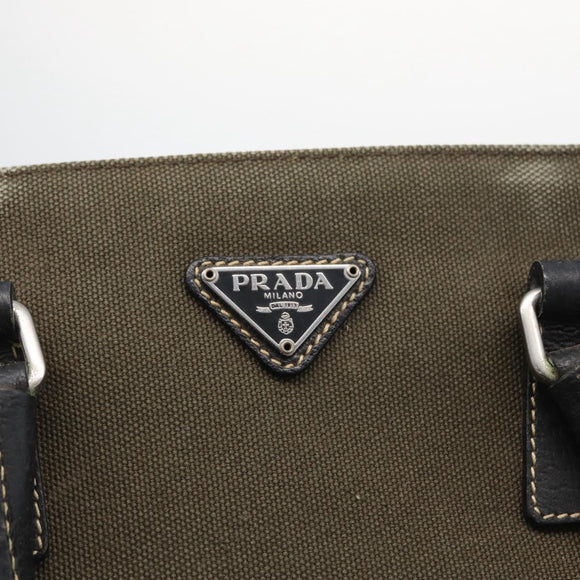 PRADA Hand Bag Canvas Leather Khaki Silver Auth 170921