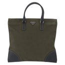 PRADA Hand Bag Canvas Leather Khaki Silver Auth 170921-13