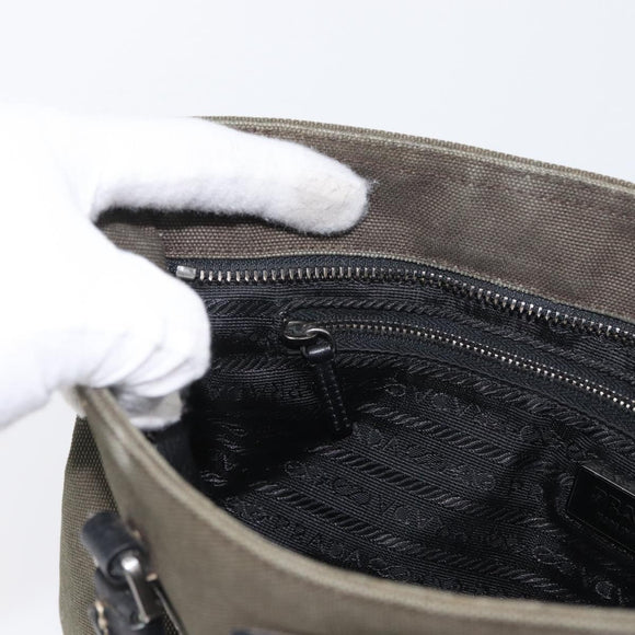 PRADA Hand Bag Canvas Leather Khaki Silver Auth 170921