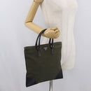 PRADA Hand Bag Canvas Leather Khaki Silver Auth 170921-24