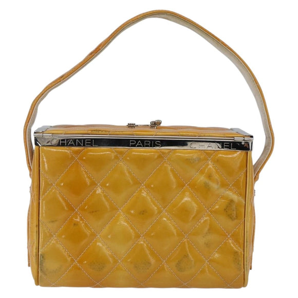 CHANEL Matelasse Vanity Box Patent leather Yellow Silver CC Auth 170933