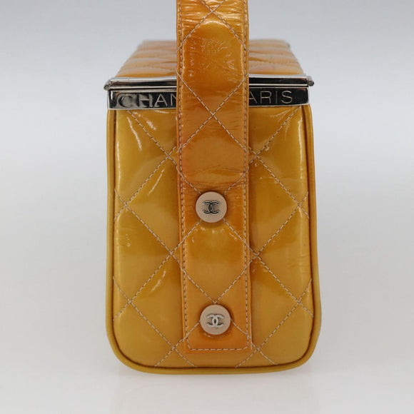 CHANEL Matelasse Vanity Box Patent leather Yellow Silver CC Auth 170933