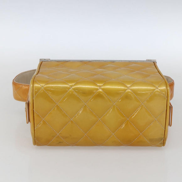 CHANEL Matelasse Vanity Box Patent leather Yellow Silver CC Auth 170933