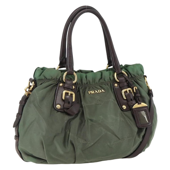PRADA Hand Bag Nylon 2way Khaki Gold Auth 170942