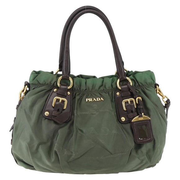 PRADA Hand Bag Nylon 2way Khaki Gold Auth 170942