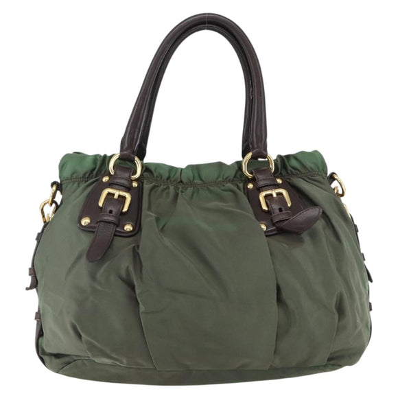 PRADA Hand Bag Nylon 2way Khaki Gold Auth 170942