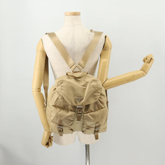 PRADA Rucksack Nylon Beige Silber Auth 170950