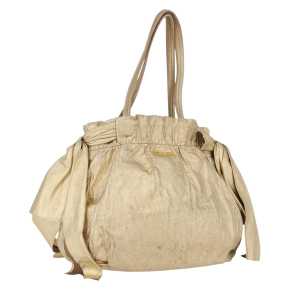 PRADA Hand Bag Leather Gold Auth 170966