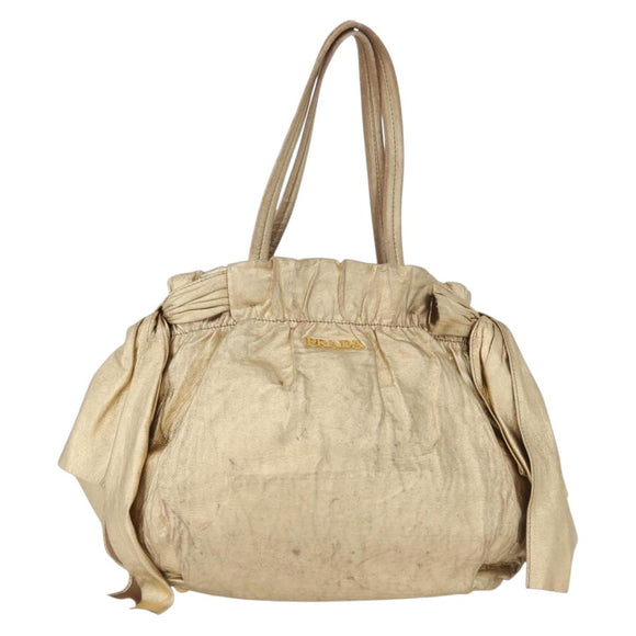 PRADA Hand Bag Leather Gold Auth 170966