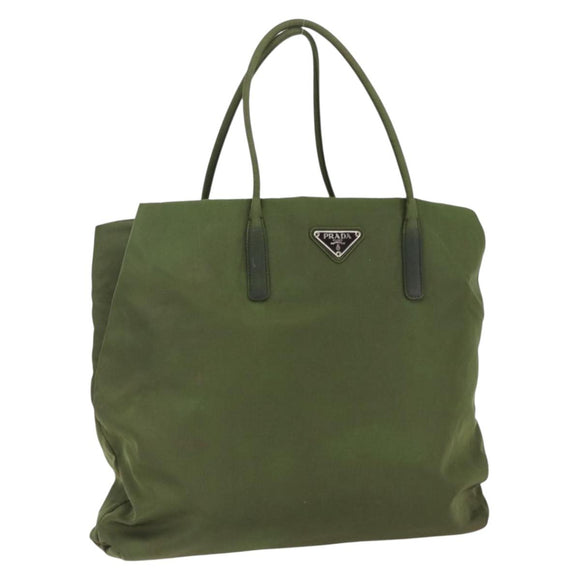 PRADA Tote Bag Nylon Khaki Silver Auth 170968