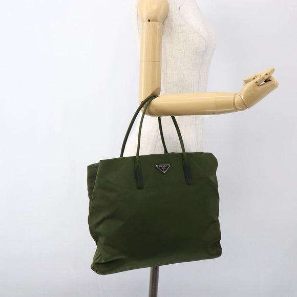PRADA Tote Bag Nylon Khaki Silver Auth 170968