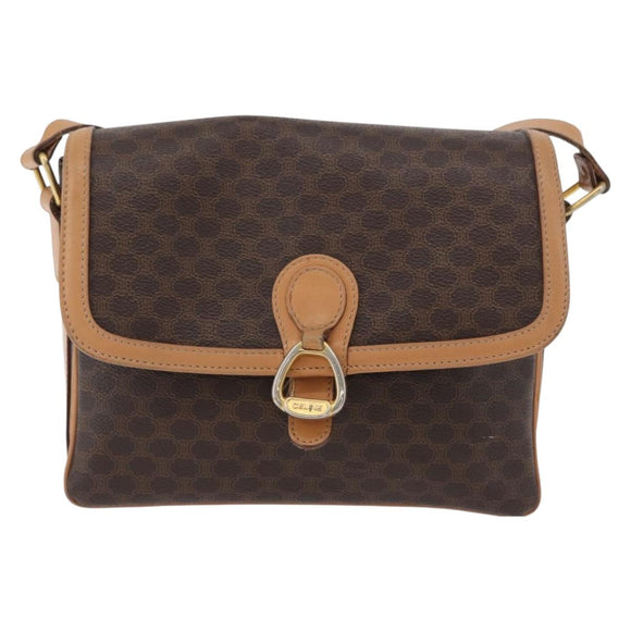 CELINE Macadam Canvas Shoulder Bag PVC Leather Brown Gold Auth 170993