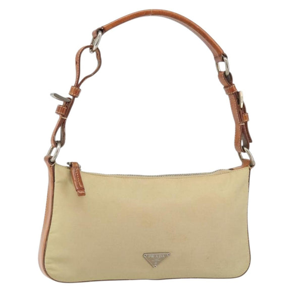 PRADA Handpouch Nylon Leder Beige Silber Auth 171021