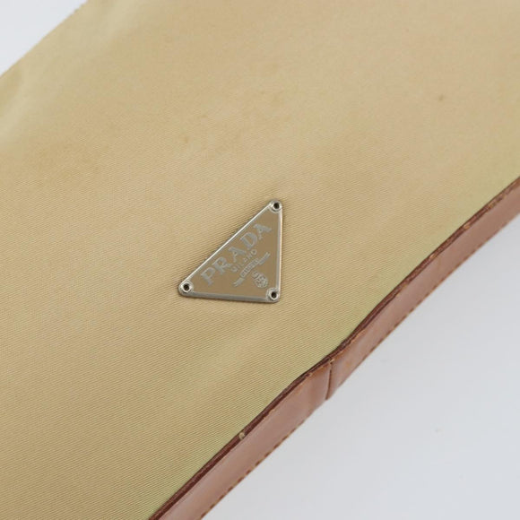 PRADA Handpouch Nylon Leder Beige Silber Auth 171021