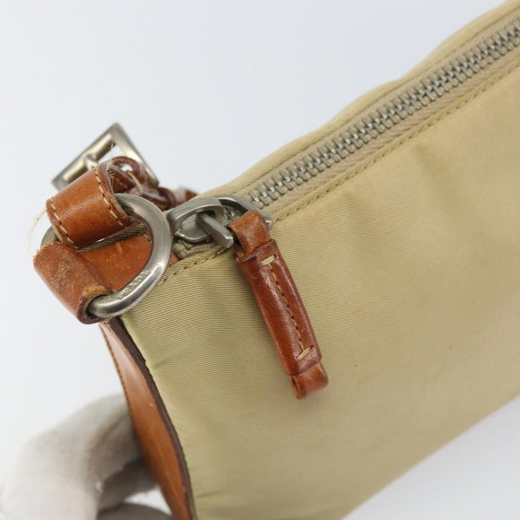 PRADA Handpouch Nylon Leder Beige Silber Auth 171021