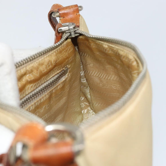 PRADA Handpouch Nylon Leder Beige Silber Auth 171021