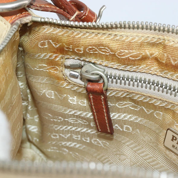 PRADA Handpouch Nylon Leder Beige Silber Auth 171021