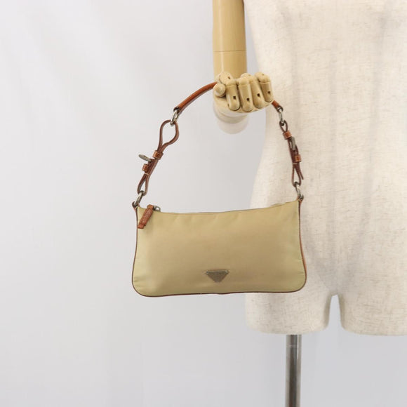 PRADA Handpouch Nylon Leder Beige Silber Auth 171021