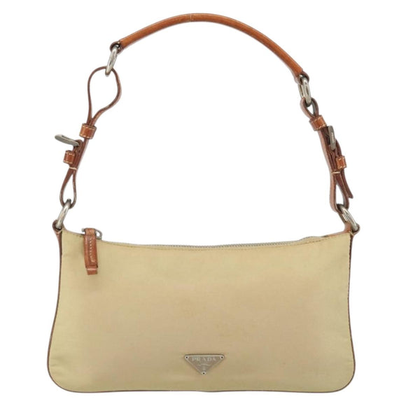 PRADA Handpouch Nylon Leder Beige Silber Auth 171021