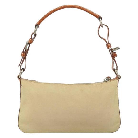 PRADA Handpouch Nylon Leder Beige Silber Auth 171021