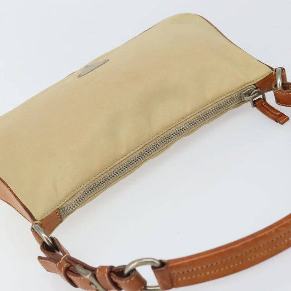 PRADA Handpouch Nylon Leder Beige Silber Auth 171021